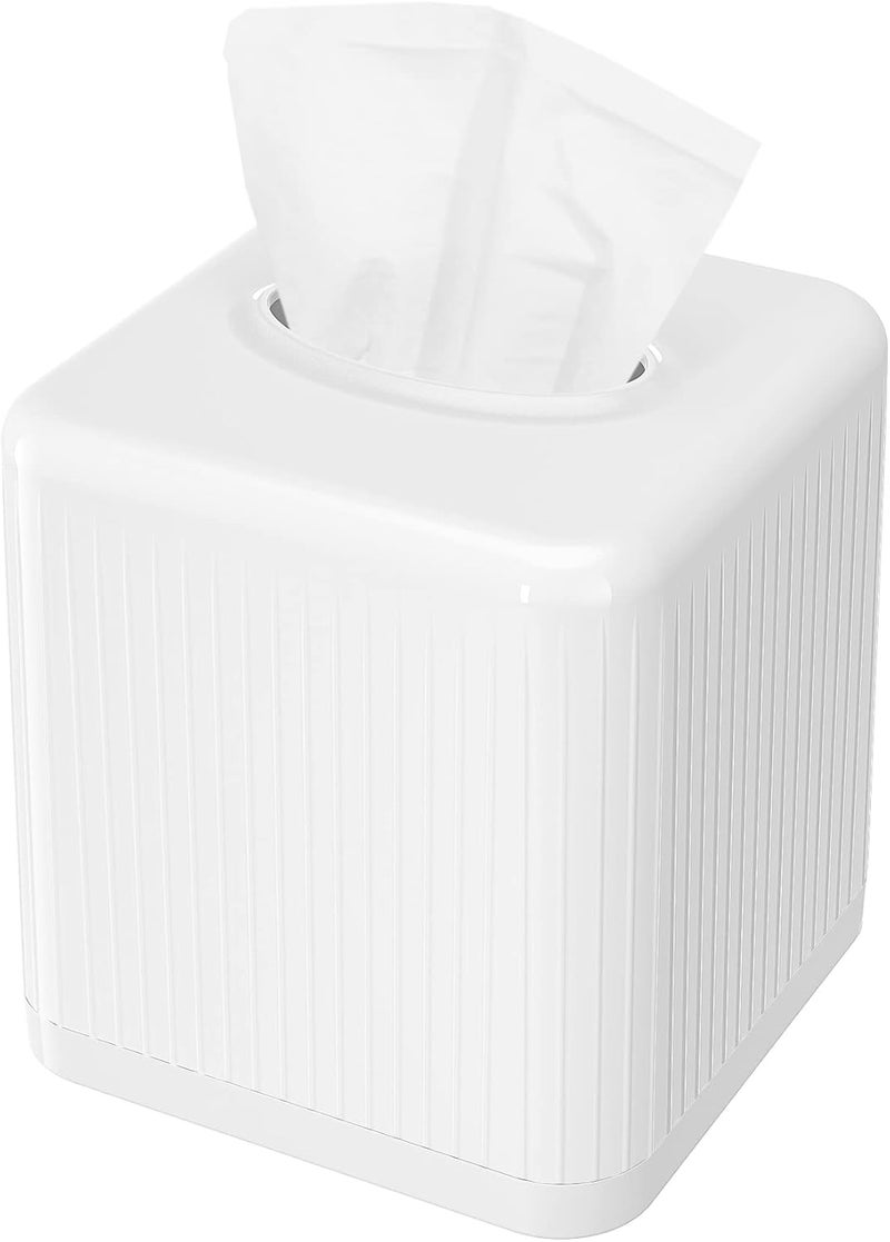 Livelab Tissue Box Cover with Base, Square Plastic Tissue Box Holder Decorative Tissue Cover Modern Cube Facial Tissue Dispenser for Bathroom Vanity Countertop, Living Room, Bedroom, Office - White - Image 1